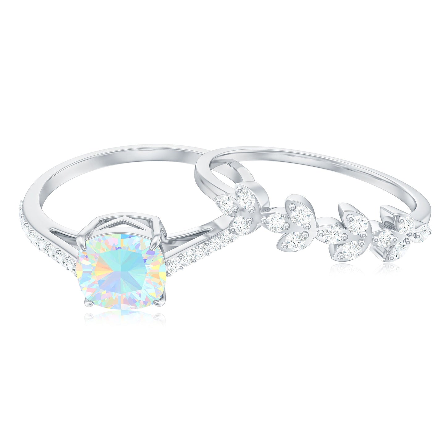 0.8 Carat Cushion Cut Ethiopian Opal Solitaire Ring Set with Diamond Stackable Band