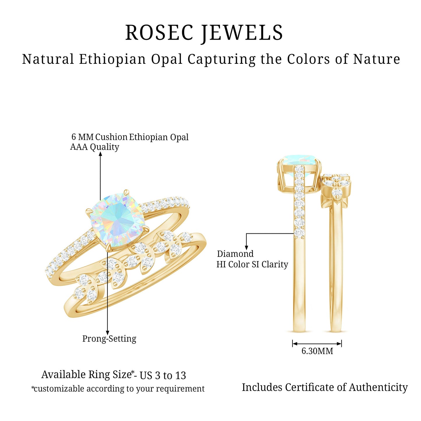 0.8 Carat Cushion Cut Ethiopian Opal Solitaire Ring Set with Diamond Stackable Band