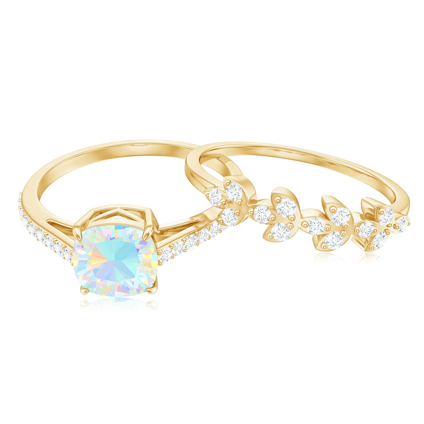0.8 Carat Cushion Cut Ethiopian Opal Solitaire Ring Set with Diamond Stackable Band