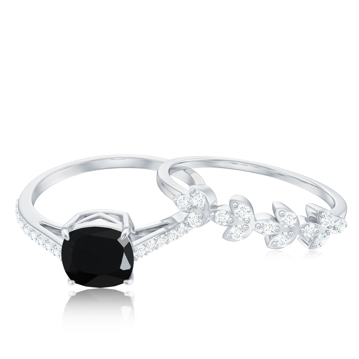 Cushion Cut Black Onyx and Diamond Engagement Ring with Leaf Wedding Band