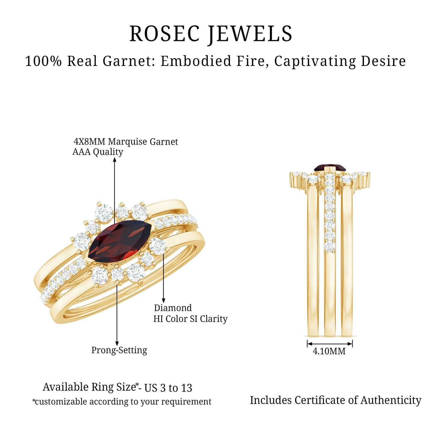 Natural 0.7 Carat Garnet Marquise Engagement Wedding Ring Set of 3 with Diamond