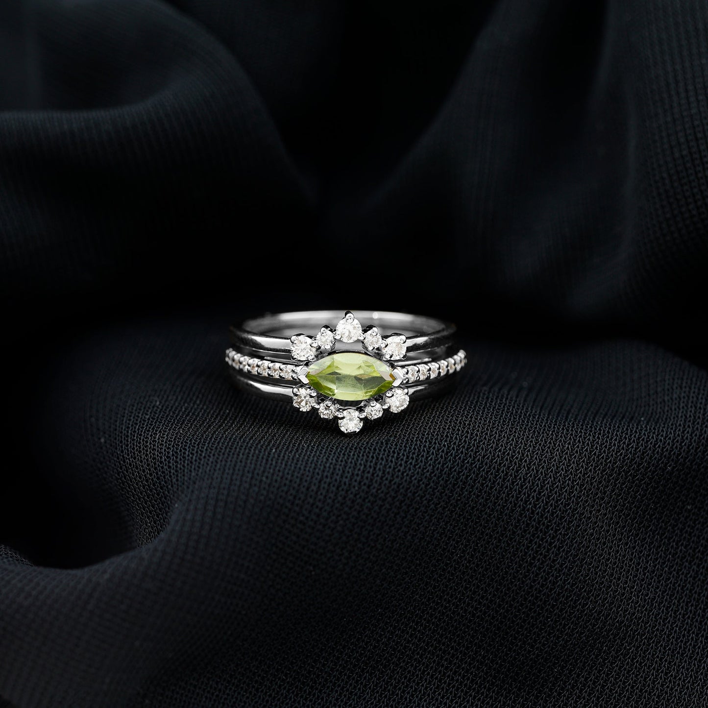 0.7 Carat East West Style Peridot 3 Piece Bridal Ring Set with Diamond