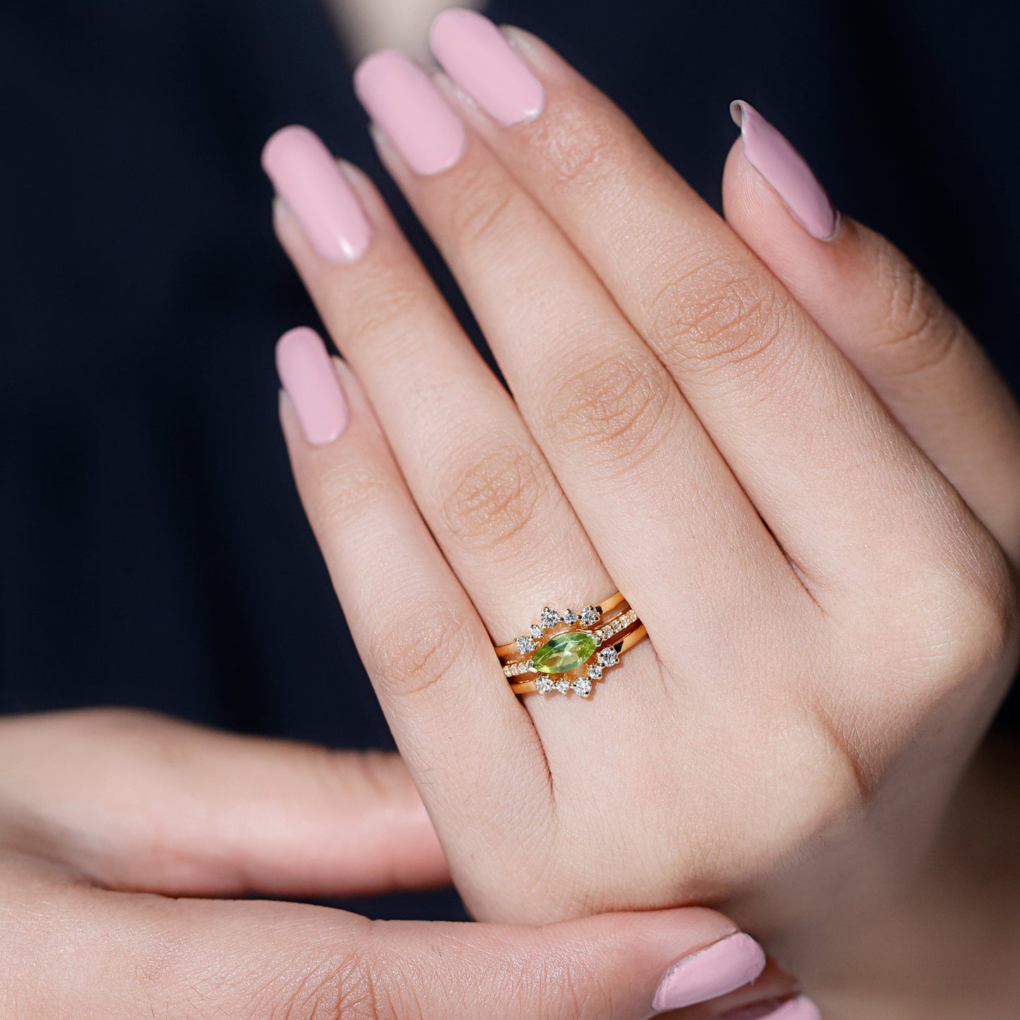 0.7 Carat East West Style Peridot 3 Piece Bridal Ring Set with Diamond