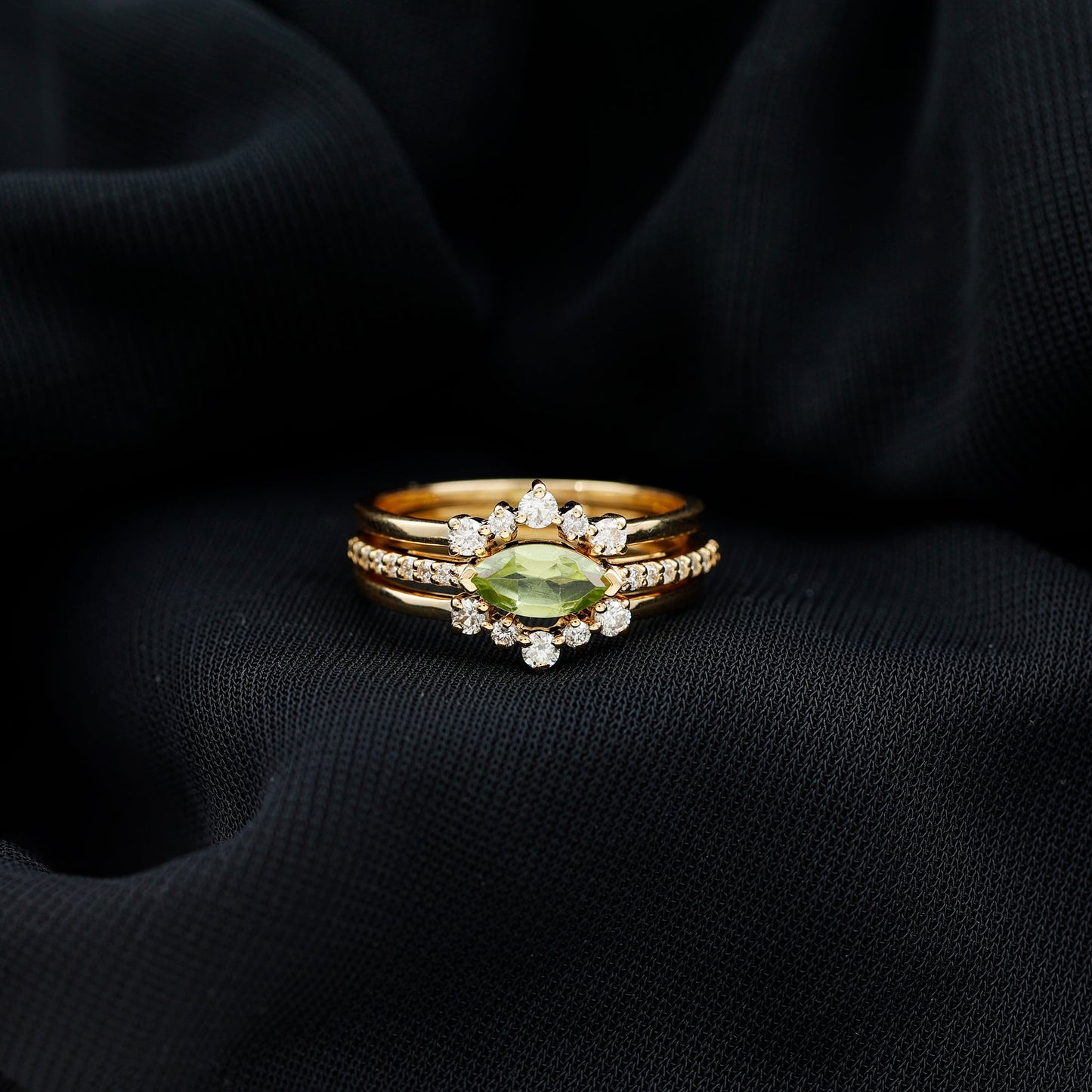 0.7 Carat East West Style Peridot 3 Piece Bridal Ring Set with Diamond
