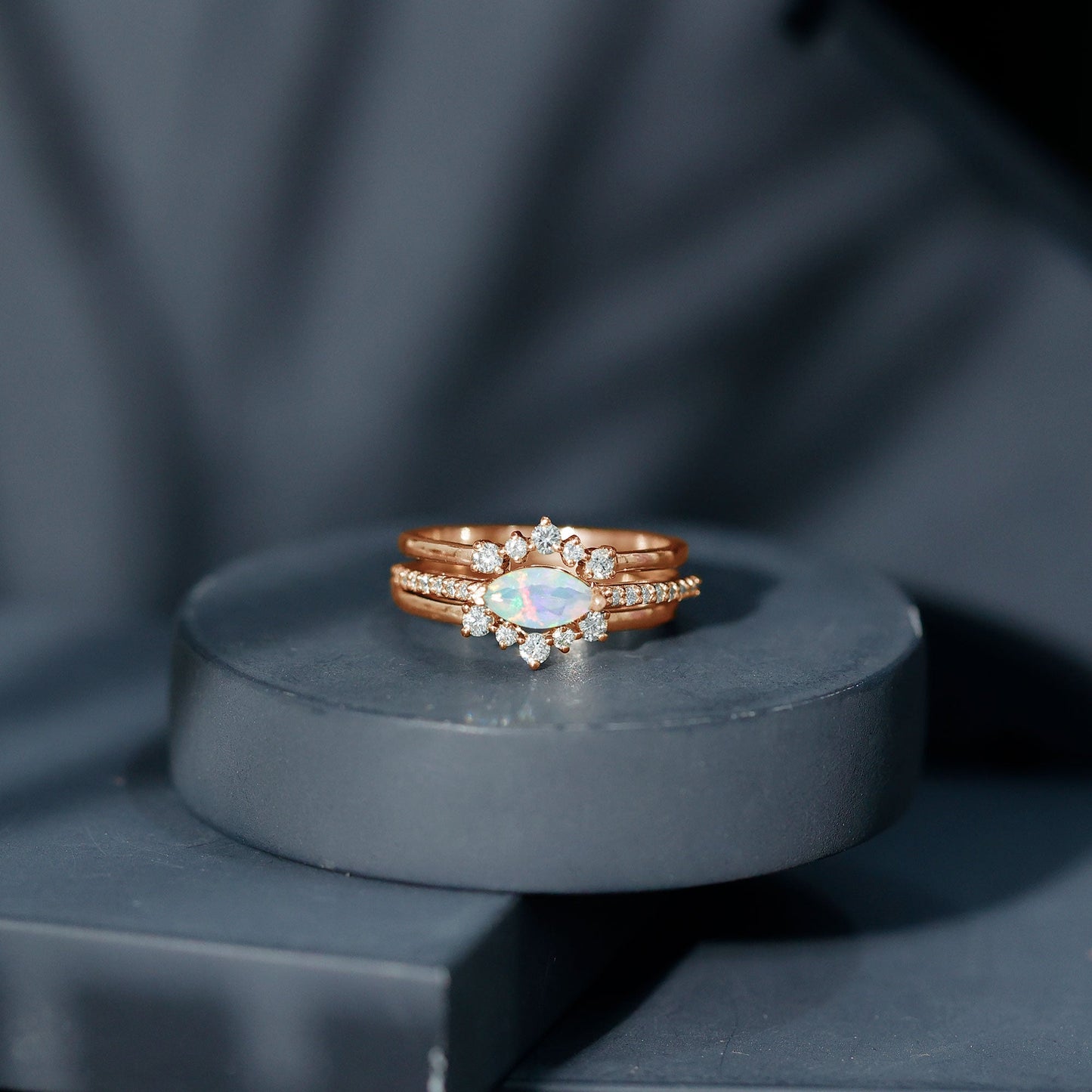 Certified Real Ethiopian Opal Diamond Wedding Bridal Ring Set of 3