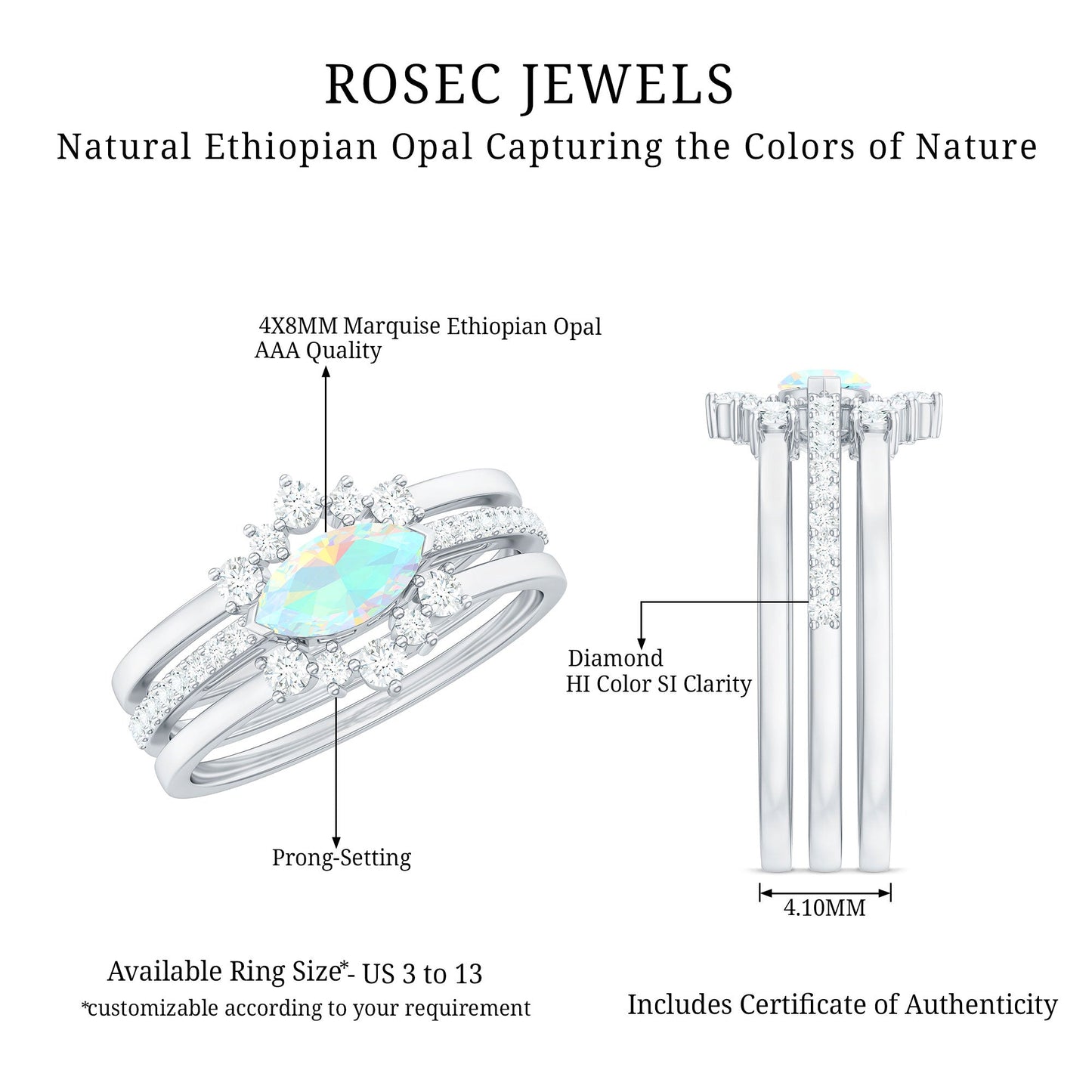 Certified Real Ethiopian Opal Diamond Wedding Bridal Ring Set of 3