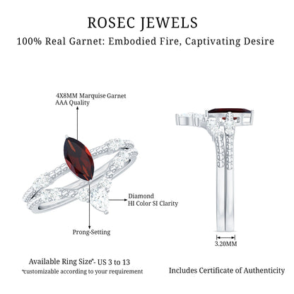 Certified Real Marquise Garnet Diamond Wedding Bridal Ring Set