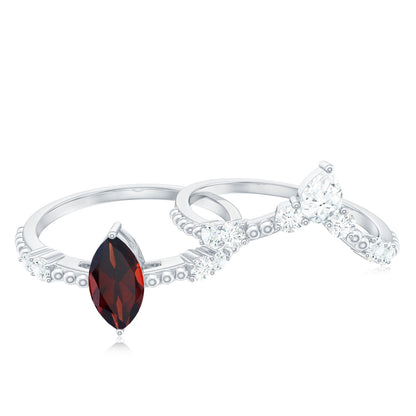 Certified Real Marquise Garnet Diamond Wedding Bridal Ring Set