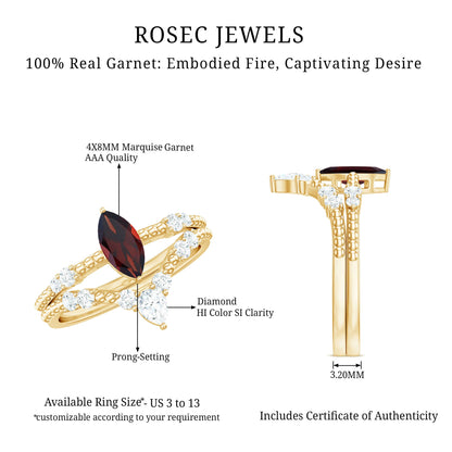 Certified Real Marquise Garnet Diamond Wedding Bridal Ring Set
