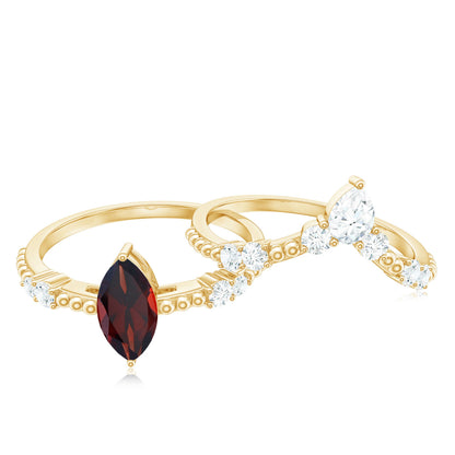 Certified Real Marquise Garnet Diamond Wedding Bridal Ring Set