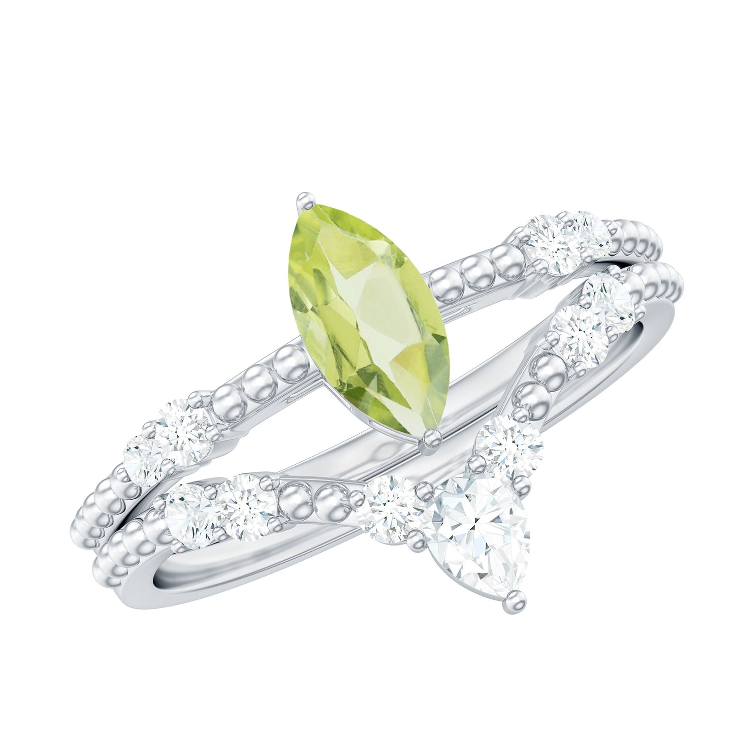 Natural Peridot Marquise Engagement Ring With Wedding Band