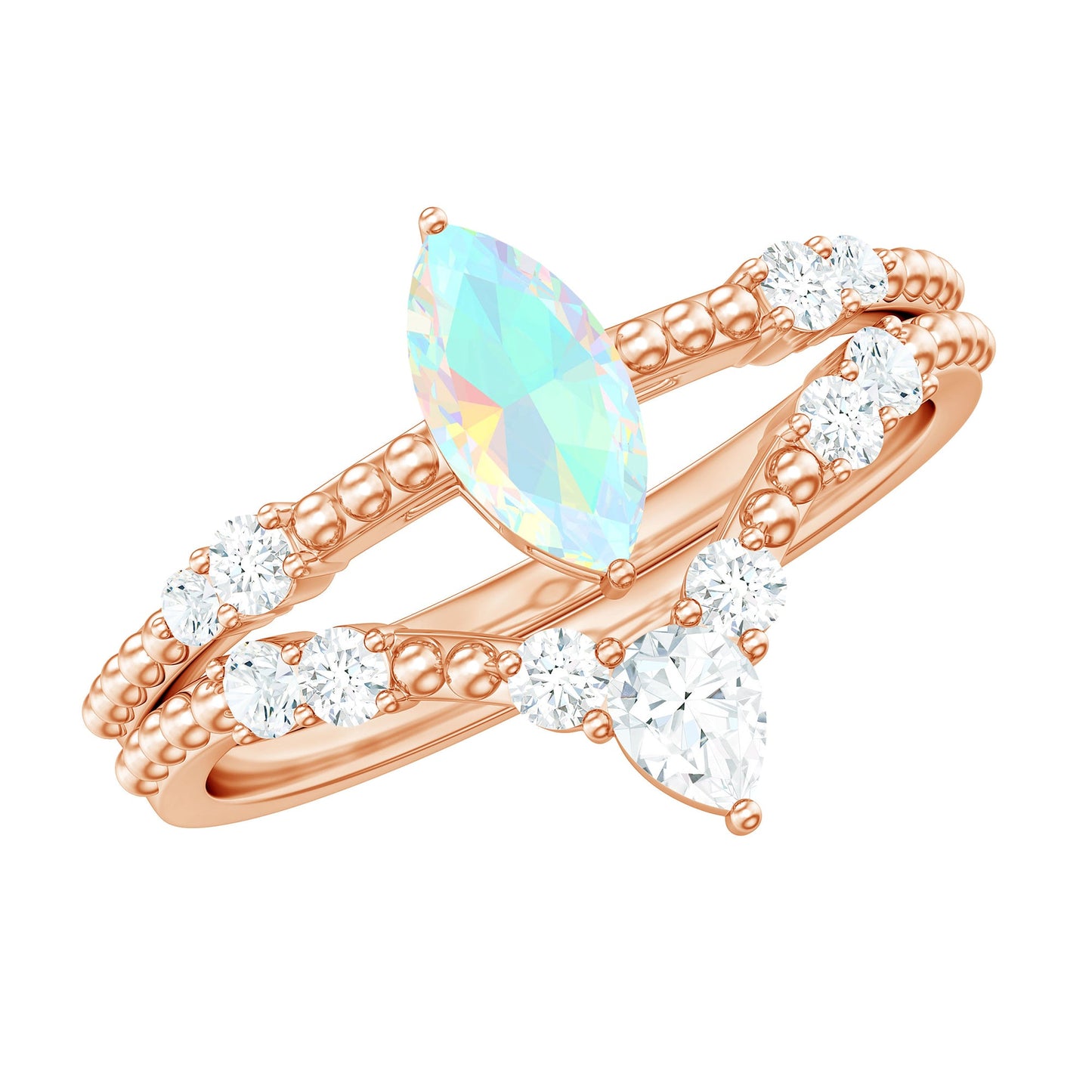 Certified 0.5 Carat Real Ethiopian Opal Marquise Engagement Wedding Ring Set of 2