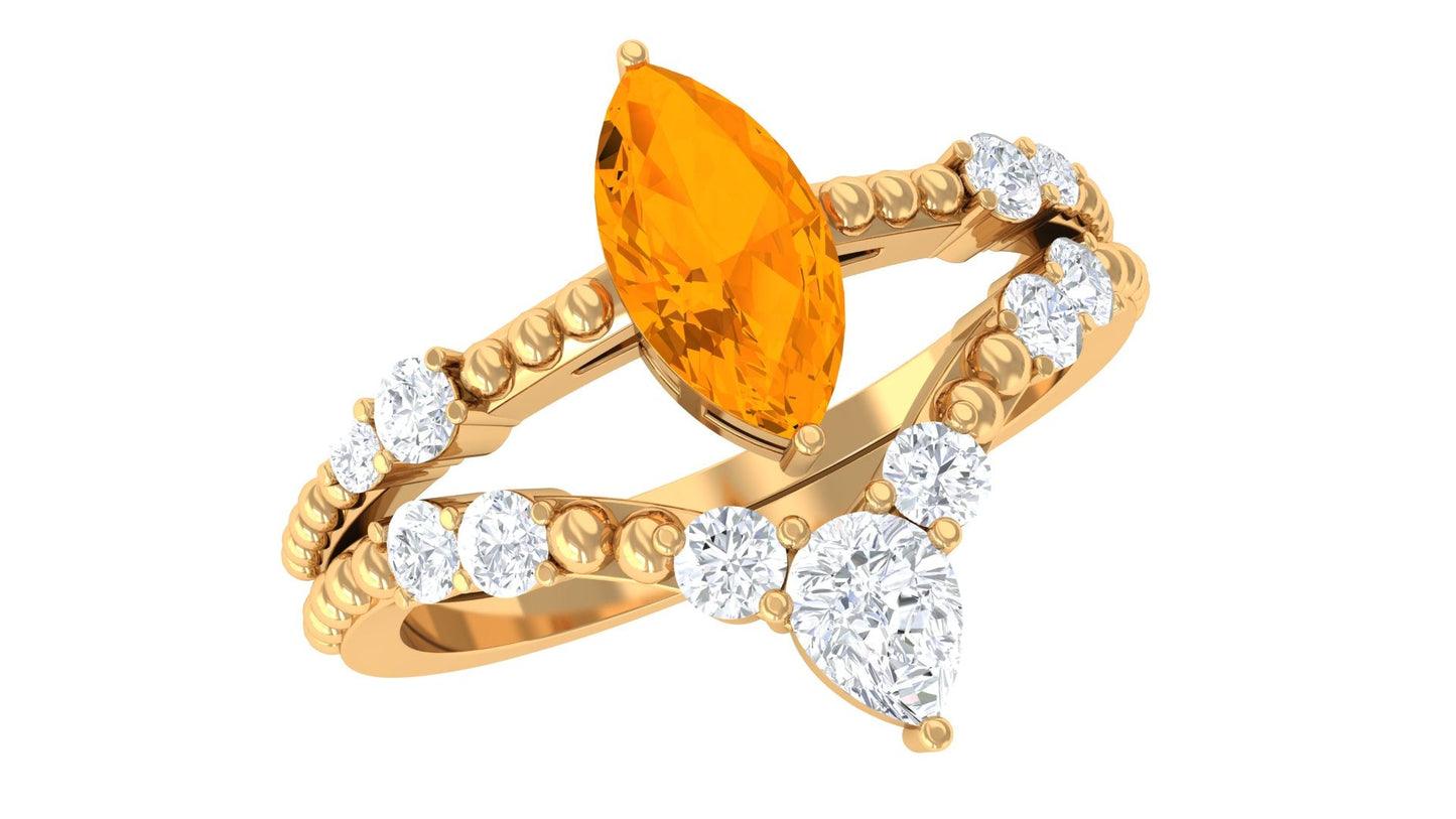 Marquise Cut Fire Opal and Diamond Wedding Ring Set