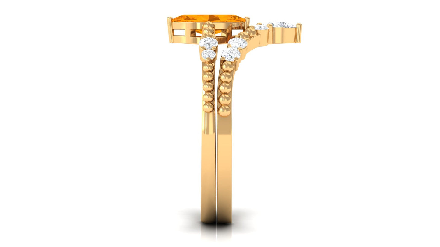 Marquise Cut Fire Opal and Diamond Wedding Ring Set