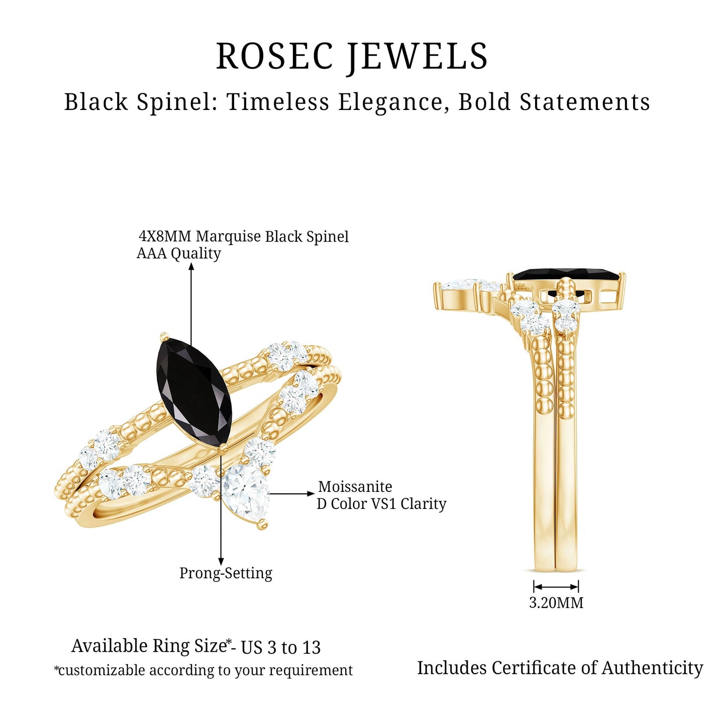 Natural Black Spinel Wedding Engagement Ring Set with Moissanite