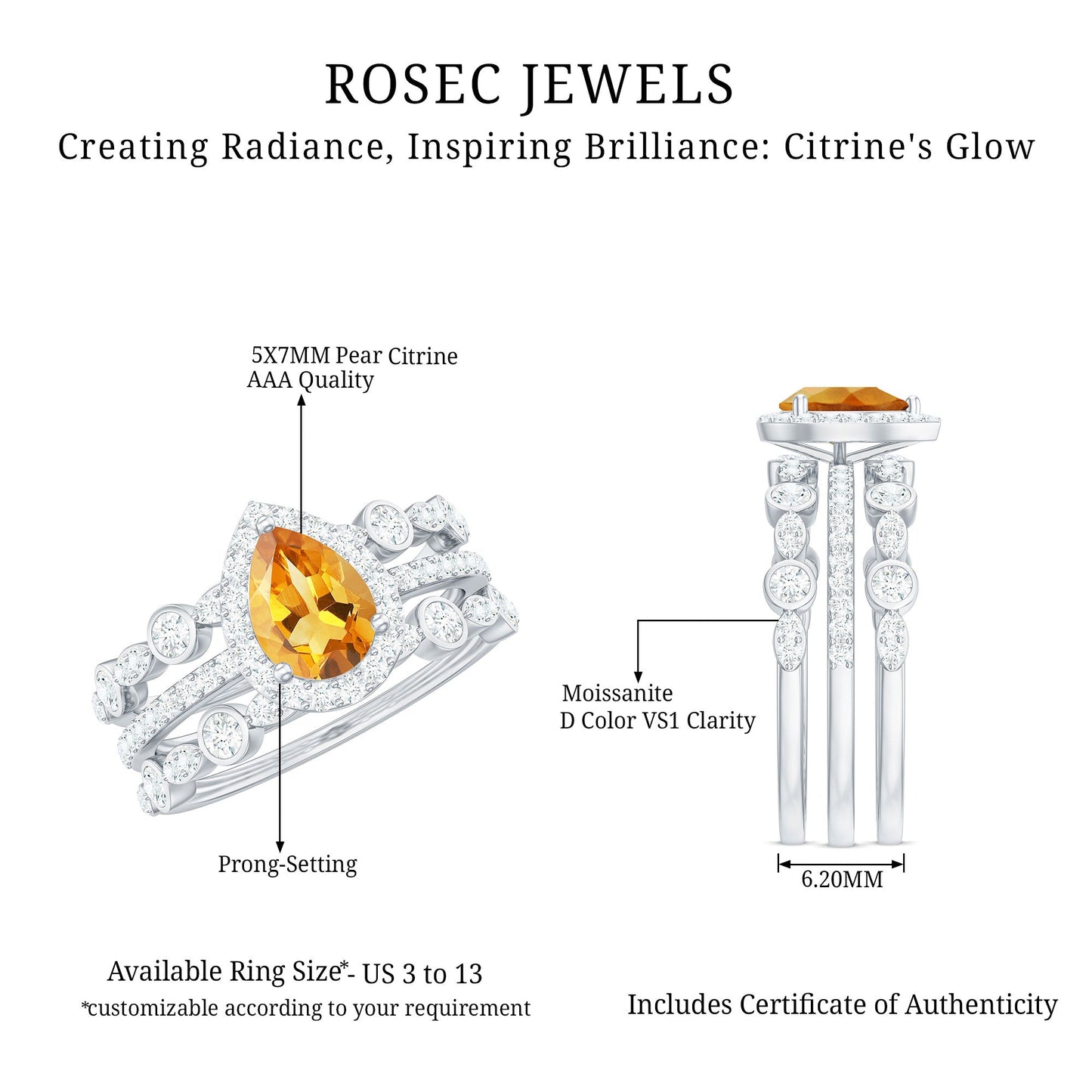 Pear Cut Citrine Bridal Trio Ring Set with Moissanite Band