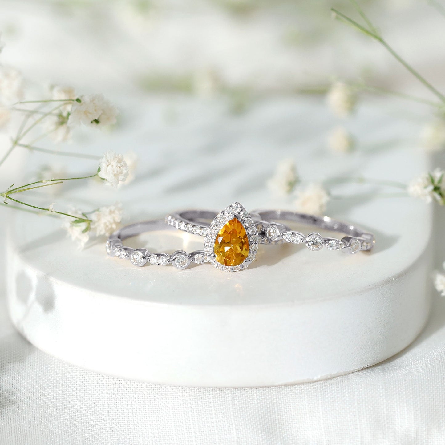 Pear Cut Citrine Bridal Trio Ring Set with Moissanite Band