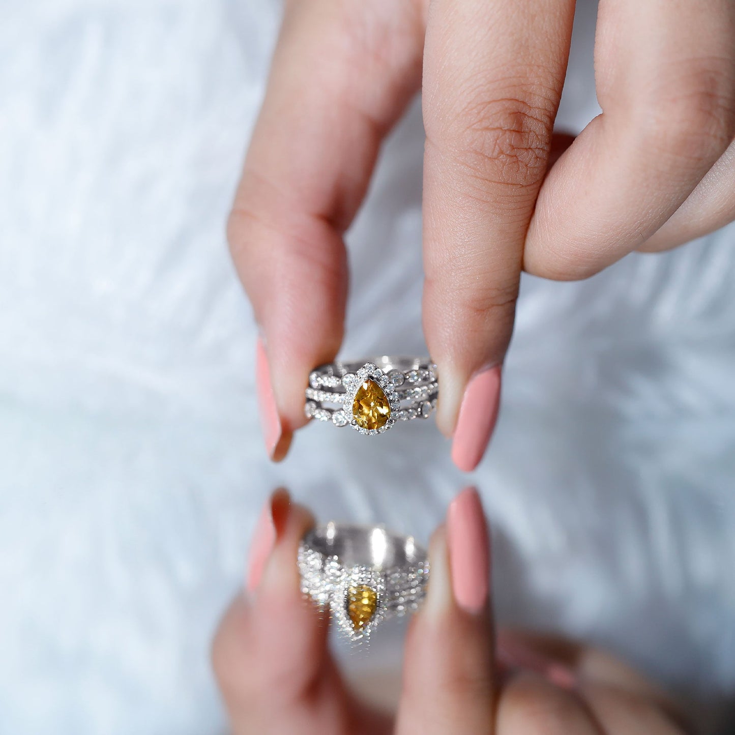 Pear Cut Citrine Bridal Trio Ring Set with Moissanite Band