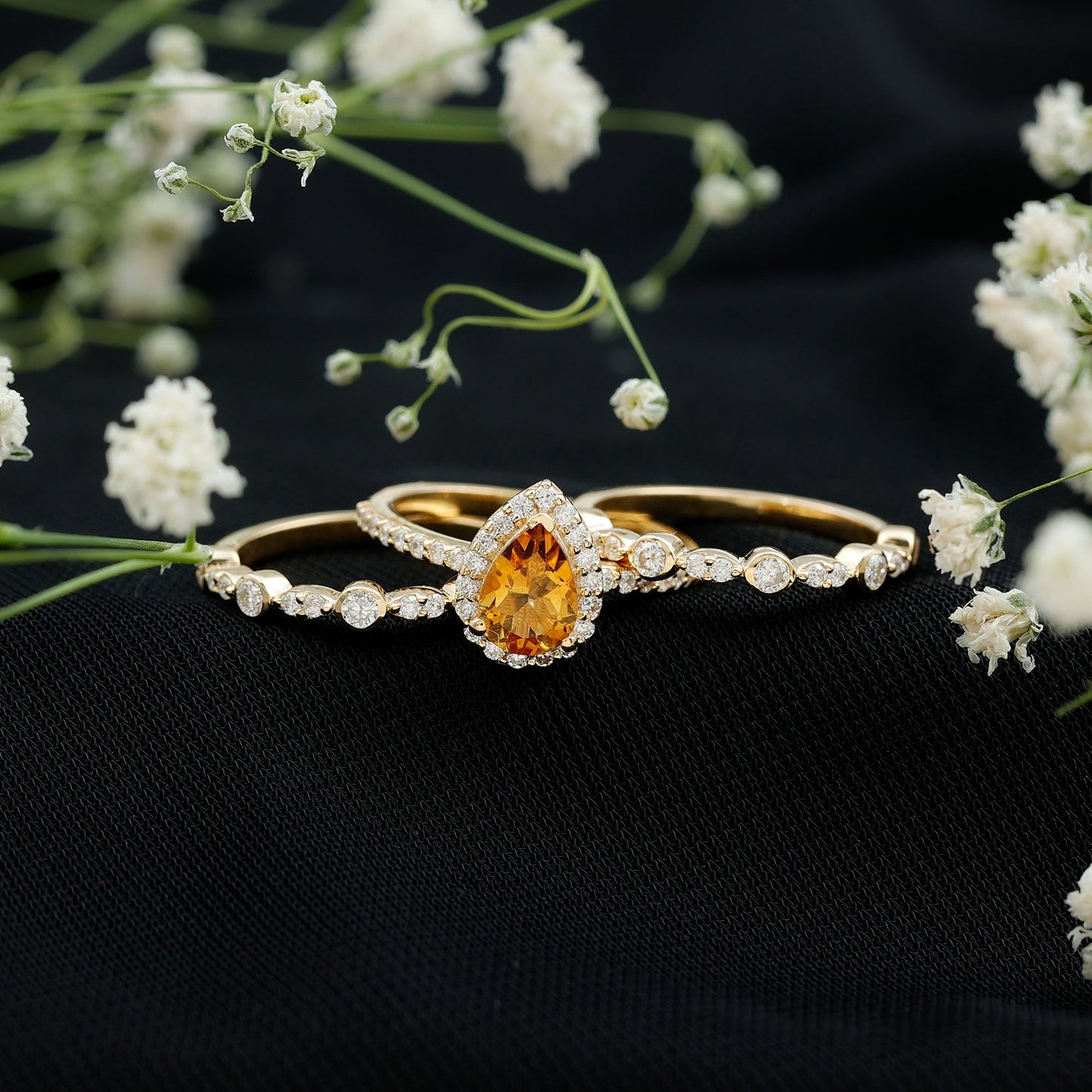 Pear Cut Citrine Bridal Trio Ring Set with Moissanite Band