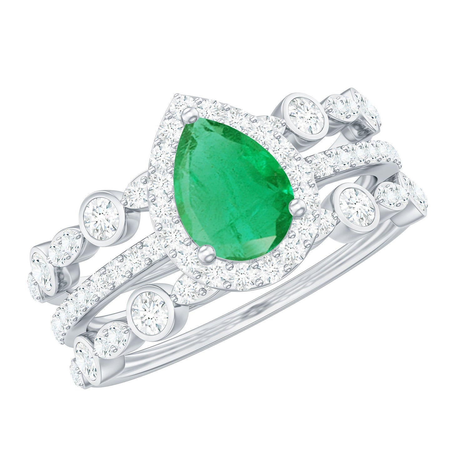 Natural 0.6 Carat Emerald Teardrop Engagement Ring and Wedding Band Set of 3
