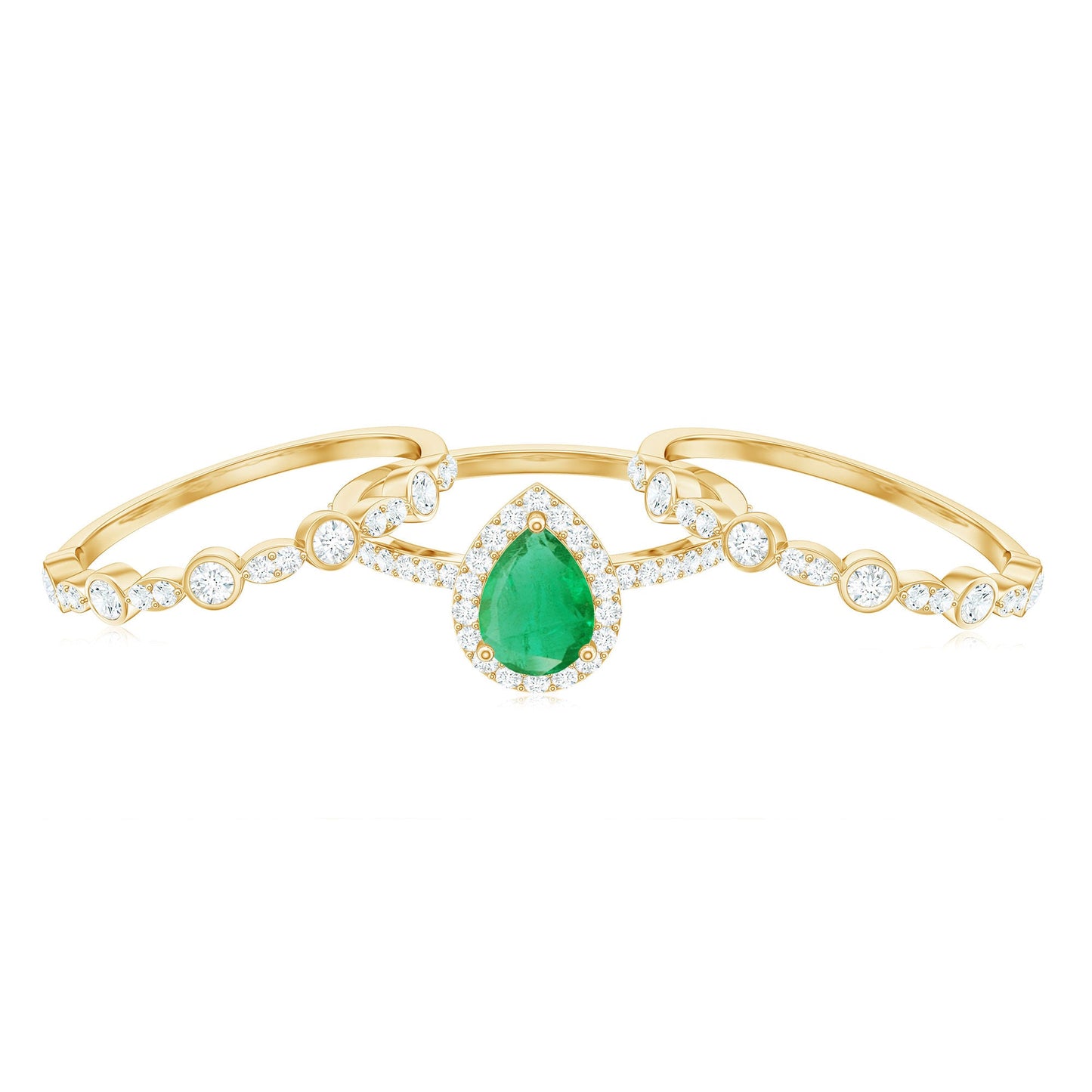 Natural 0.6 Carat Emerald Teardrop Engagement Ring and Wedding Band Set of 3