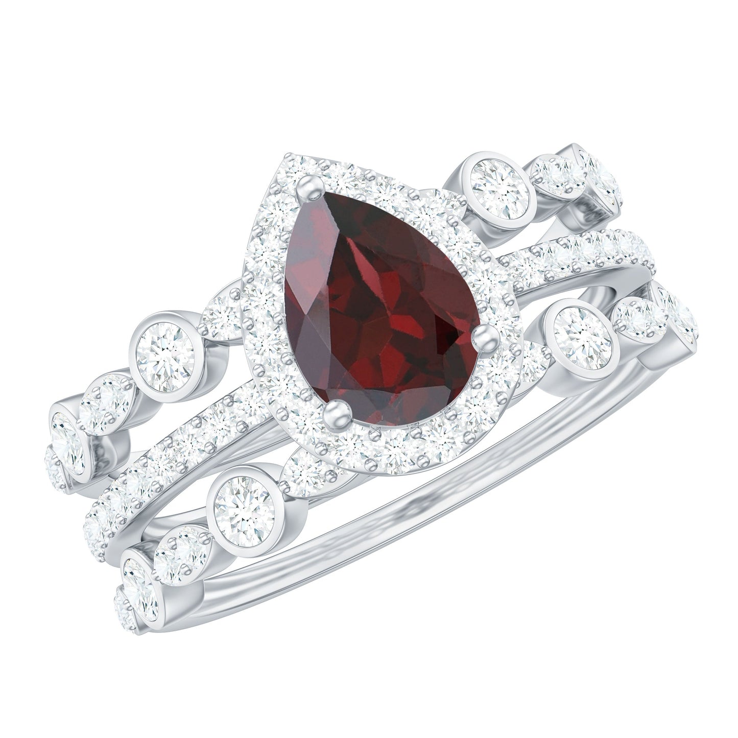 Real 0.8 Carat Pear Shape Garnet 3 Piece Wedding Ring Set