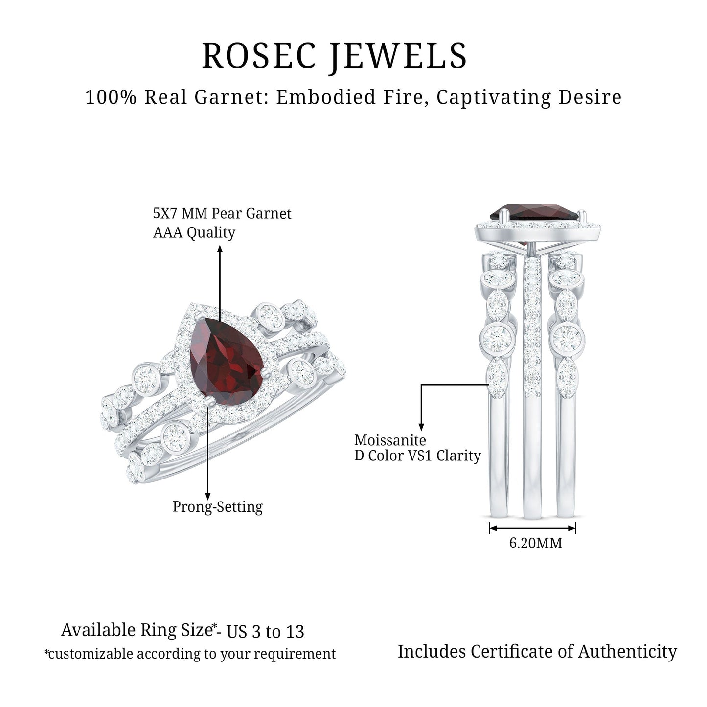 Real 0.8 Carat Pear Shape Garnet 3 Piece Wedding Ring Set