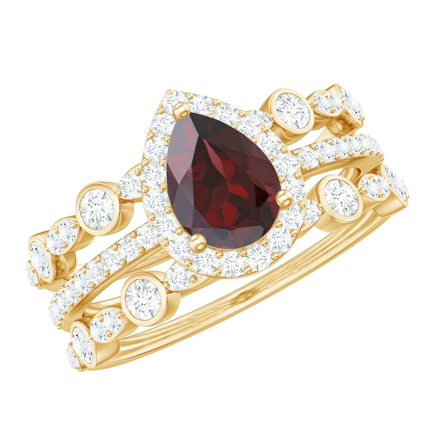 Real 0.8 Carat Pear Shape Garnet 3 Piece Wedding Ring Set