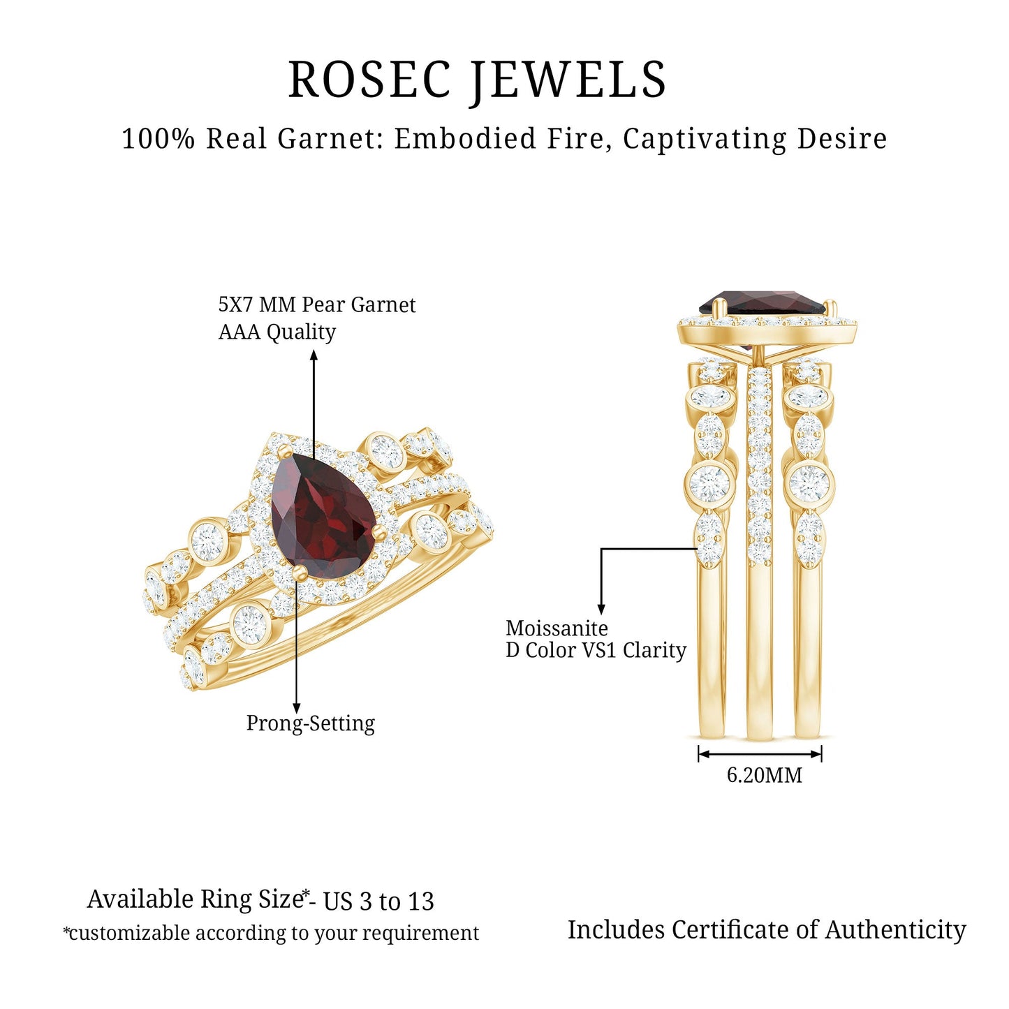 Real 0.8 Carat Pear Shape Garnet 3 Piece Wedding Ring Set