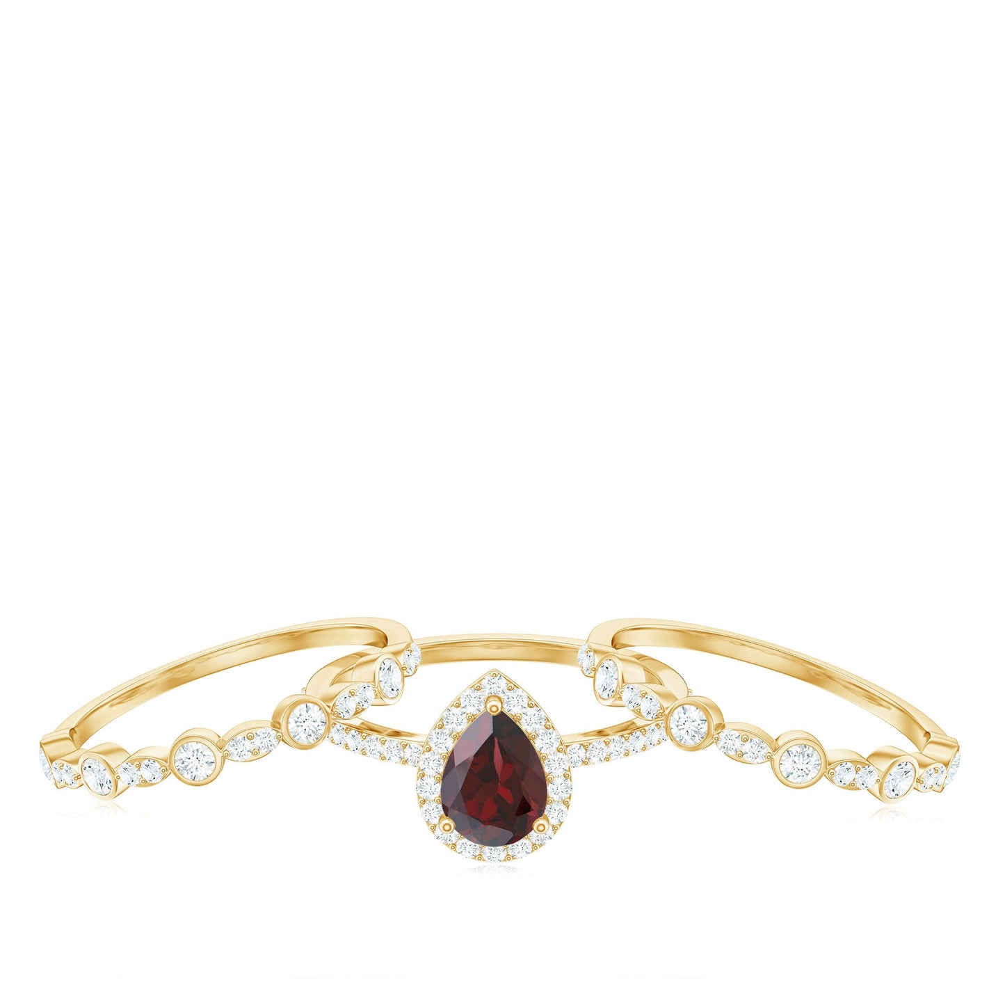 Real 0.8 Carat Pear Shape Garnet 3 Piece Wedding Ring Set