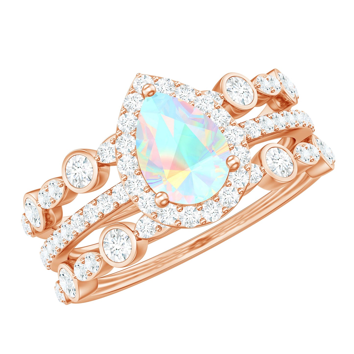 0.7 Carat Genuine Vintage Style Opalescent Teardrop Engagement Wedding Ring Set of 3