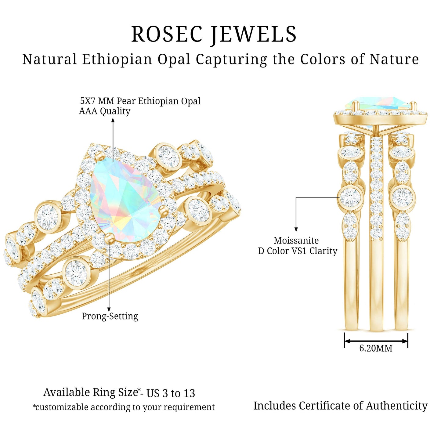 0.7 Carat Genuine Vintage Style Opalescent Teardrop Engagement Wedding Ring Set of 3