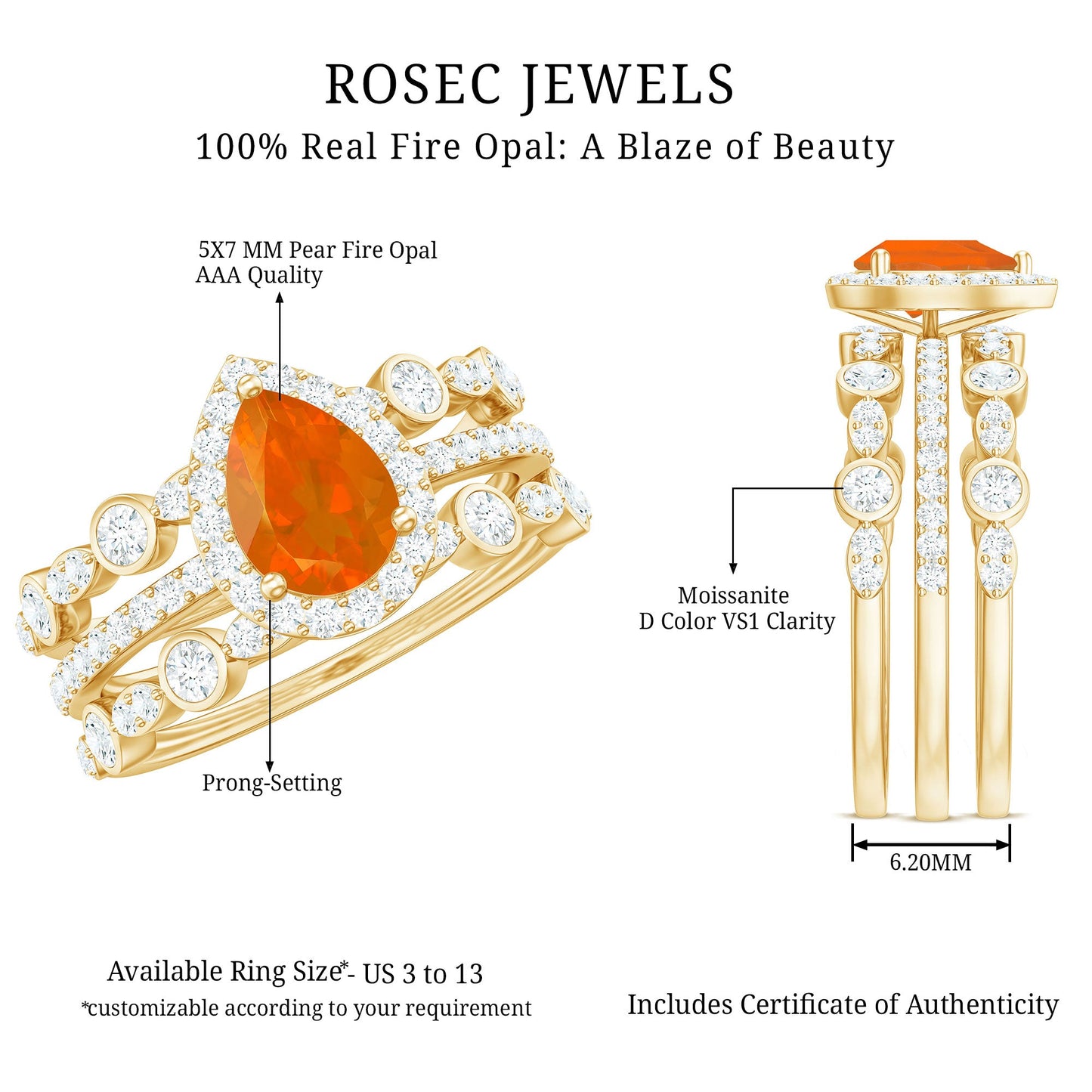 Pear Cut Fire Opal Bridal Trio Ring Set with Moissanite Band