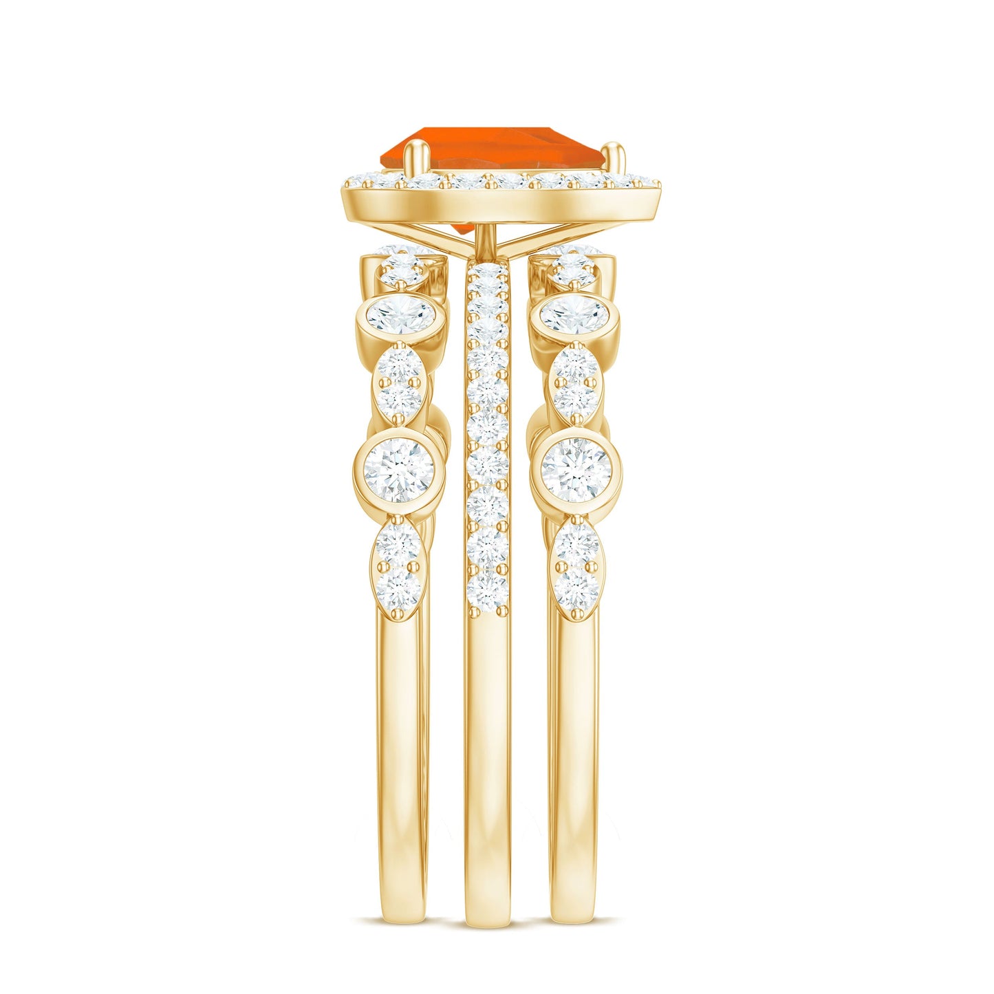 Pear Cut Fire Opal Bridal Trio Ring Set with Moissanite Band