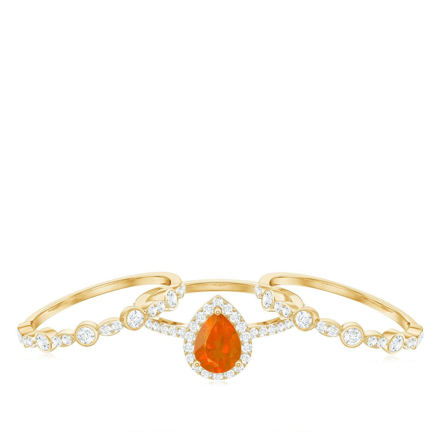 Pear Cut Fire Opal Bridal Trio Ring Set with Moissanite Band