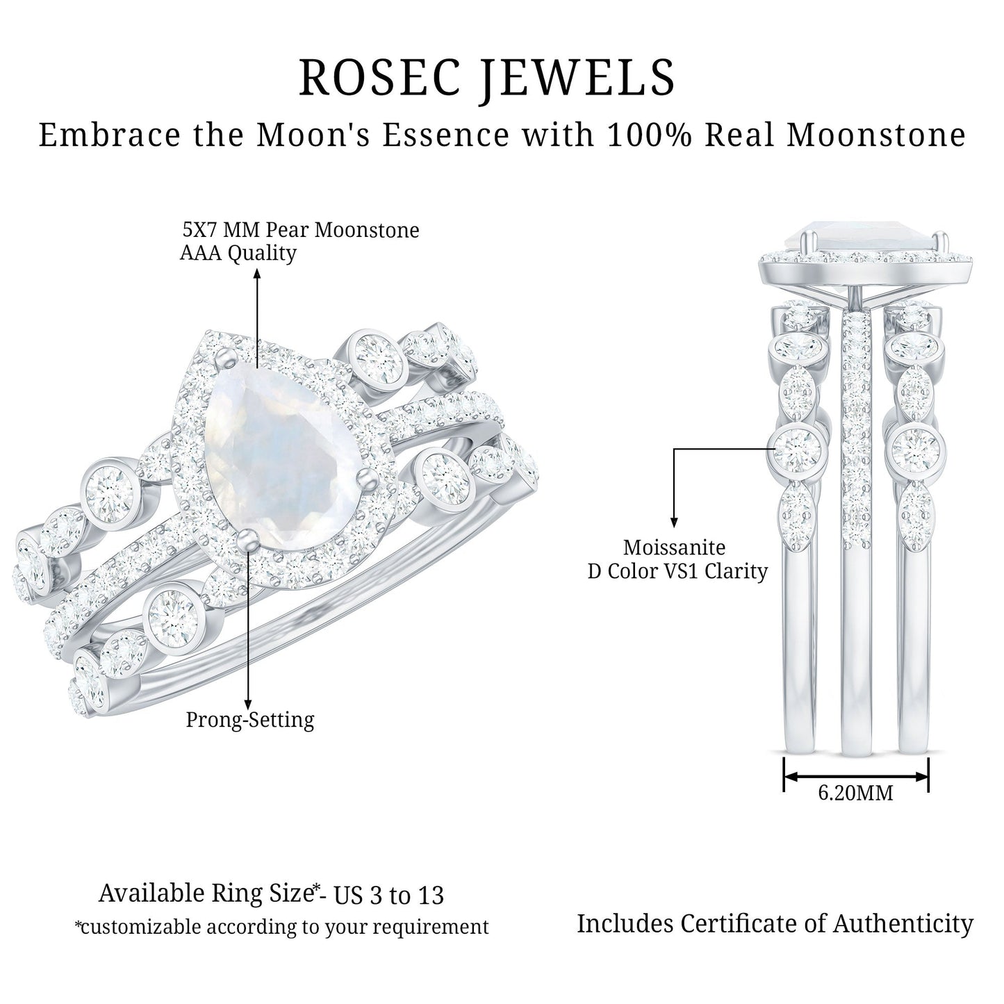 Pear Cut Moonstone Bridal Trio Ring Set with Moissanite Band