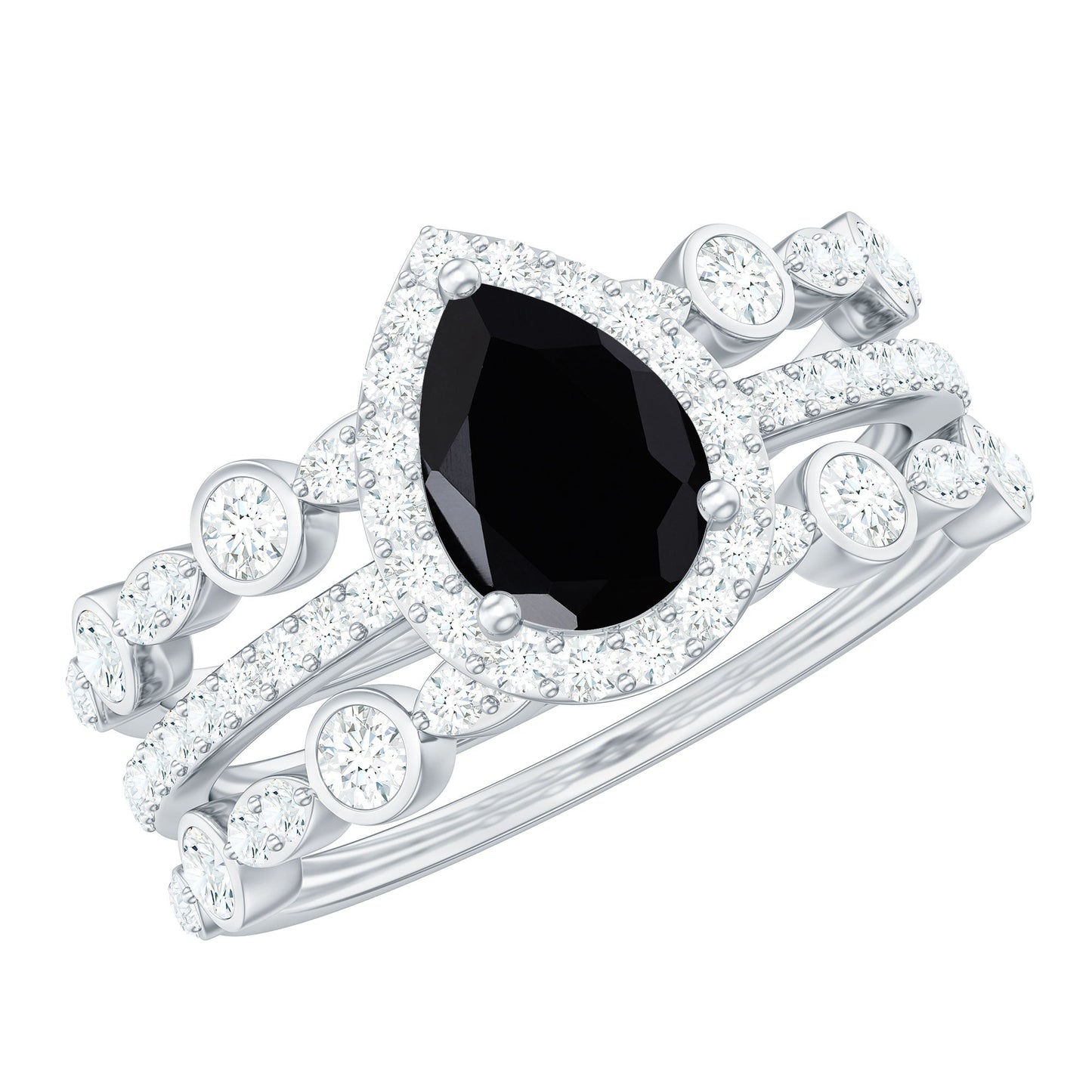 1 Carat Pear Cut Black Onyx Statement Ring Set with Moissanite Bands