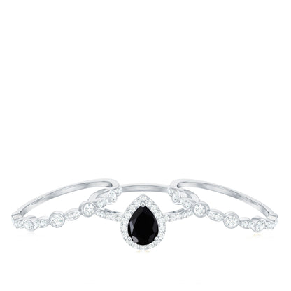 1 Carat Pear Cut Black Onyx Statement Ring Set with Moissanite Bands