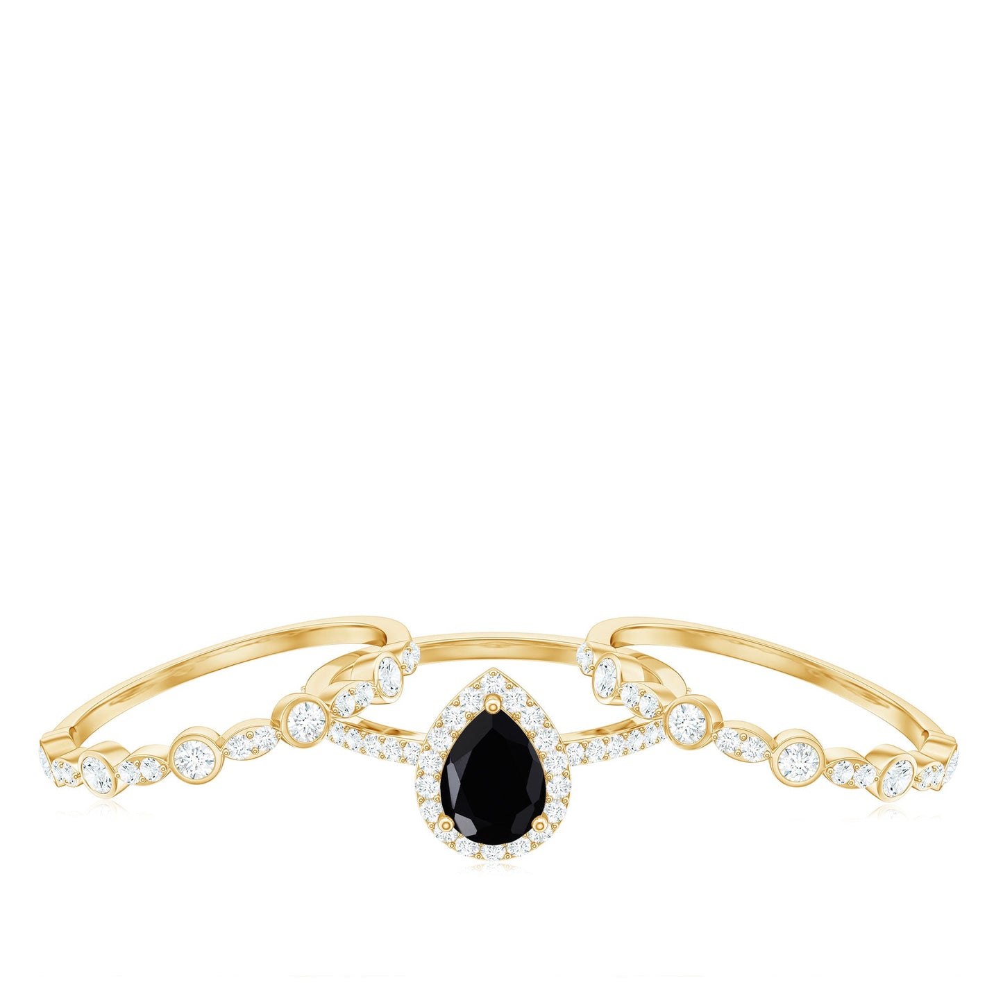 1 Carat Pear Cut Black Onyx Statement Ring Set with Moissanite Bands