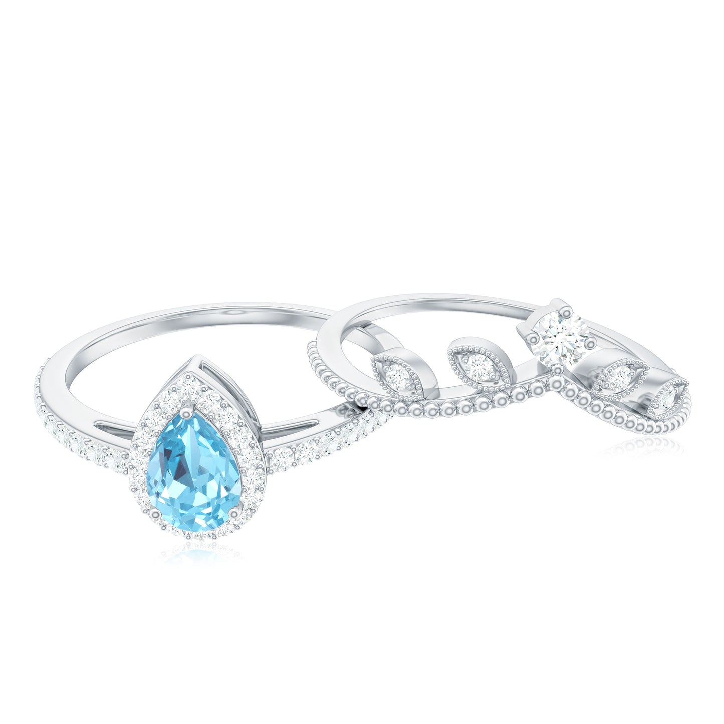 Vintage Looking Aquamarine and Diamond Teardrop Wedding Ring Set for Women