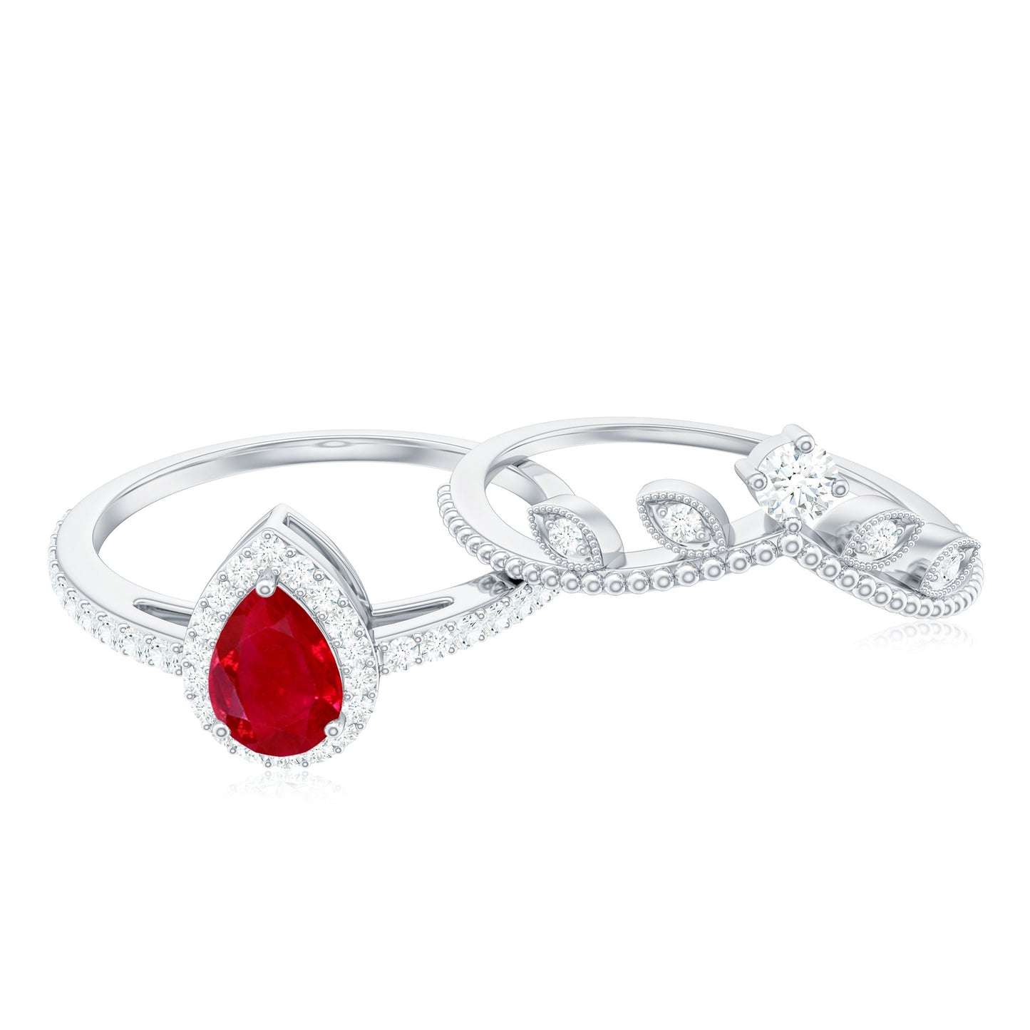 Vintage Looking Pear Shape Ruby Diamond Engagement Ring with Enhancer