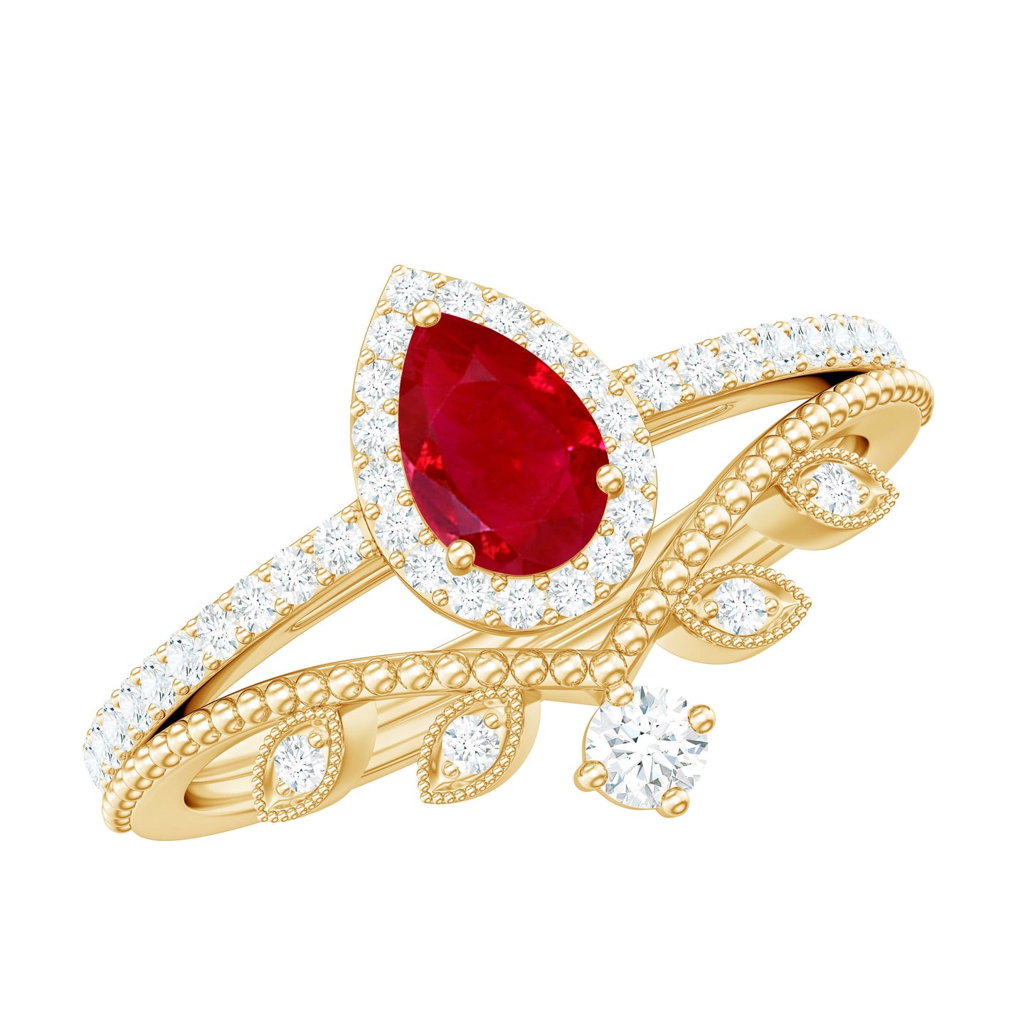 Vintage Looking Pear Shape Ruby Diamond Engagement Ring with Enhancer