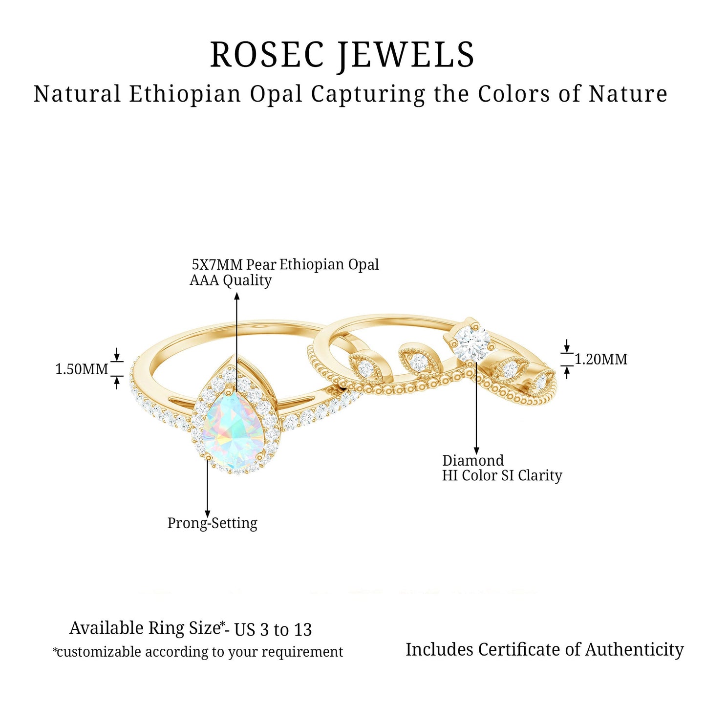 Vintage Inspired Ethiopian Opal Diamond Designer Bridal Ring Set