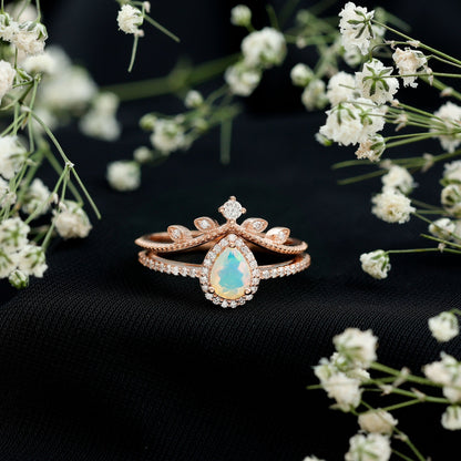 Vintage Inspired Ethiopian Opal Diamond Designer Bridal Ring Set