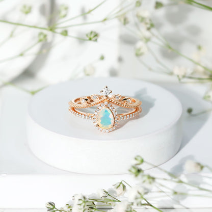 Vintage Inspired Ethiopian Opal Diamond Designer Bridal Ring Set