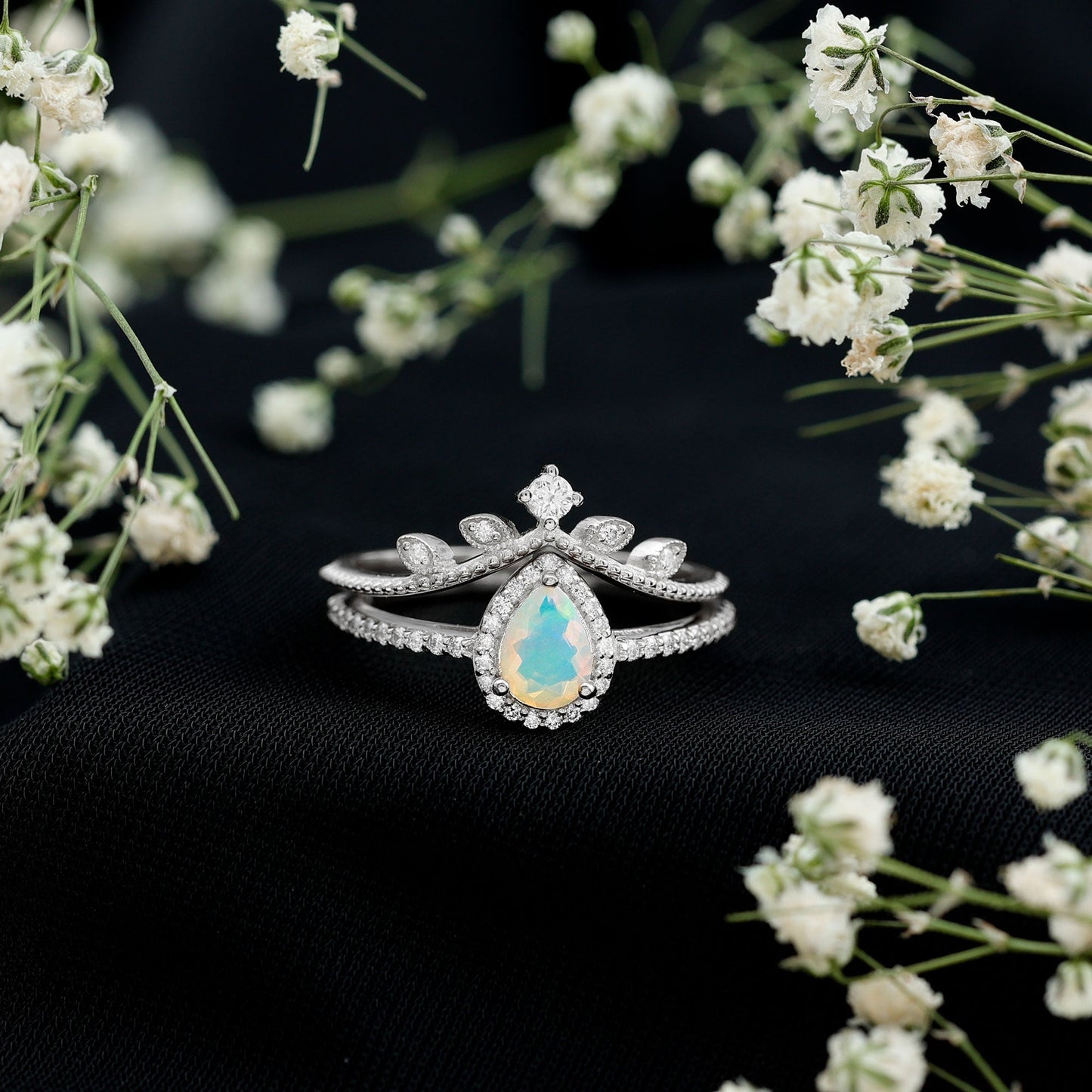 Vintage Inspired Ethiopian Opal Diamond Designer Bridal Ring Set