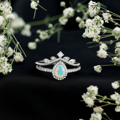 Vintage Inspired Ethiopian Opal Diamond Designer Bridal Ring Set