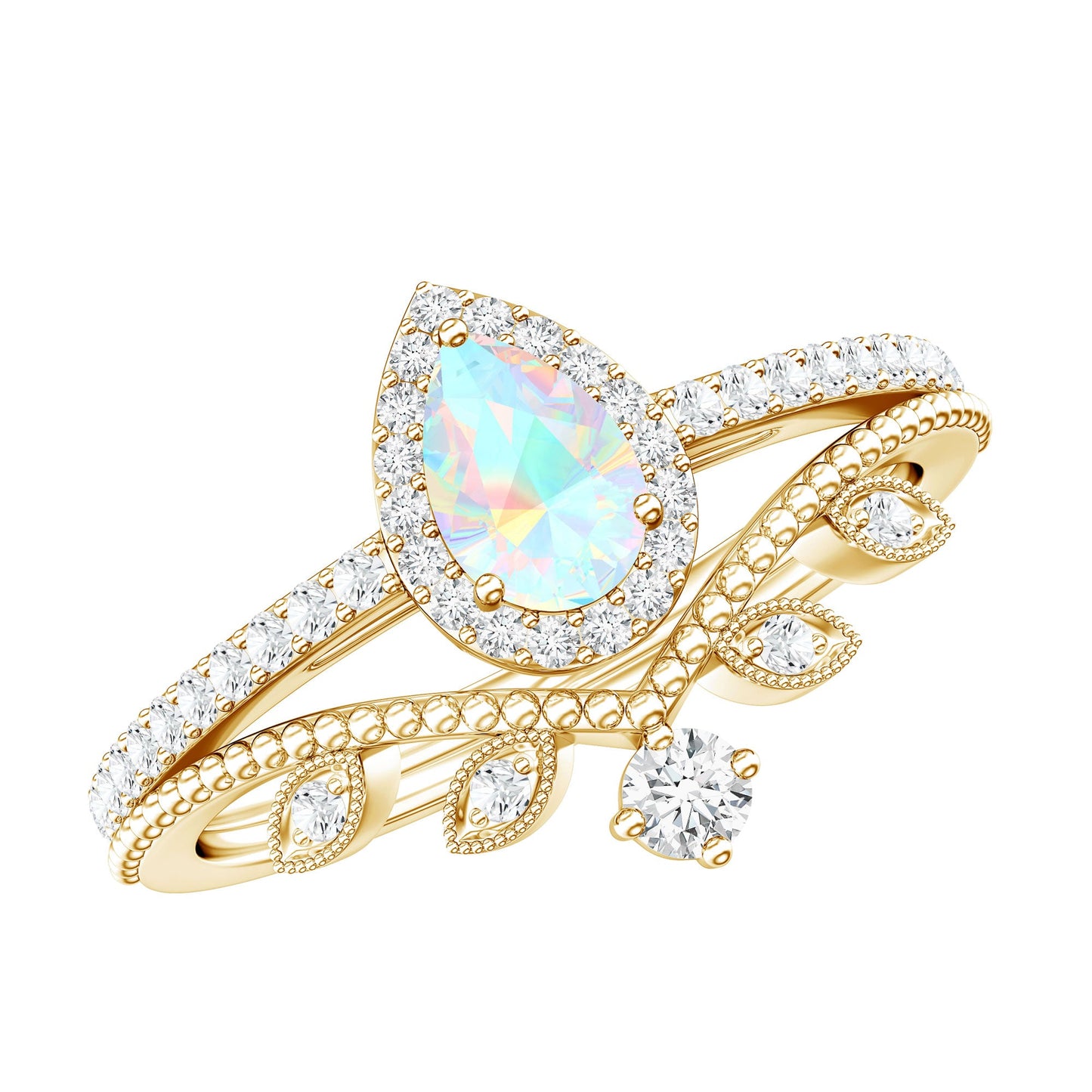 Vintage Inspired Ethiopian Opal Diamond Designer Bridal Ring Set
