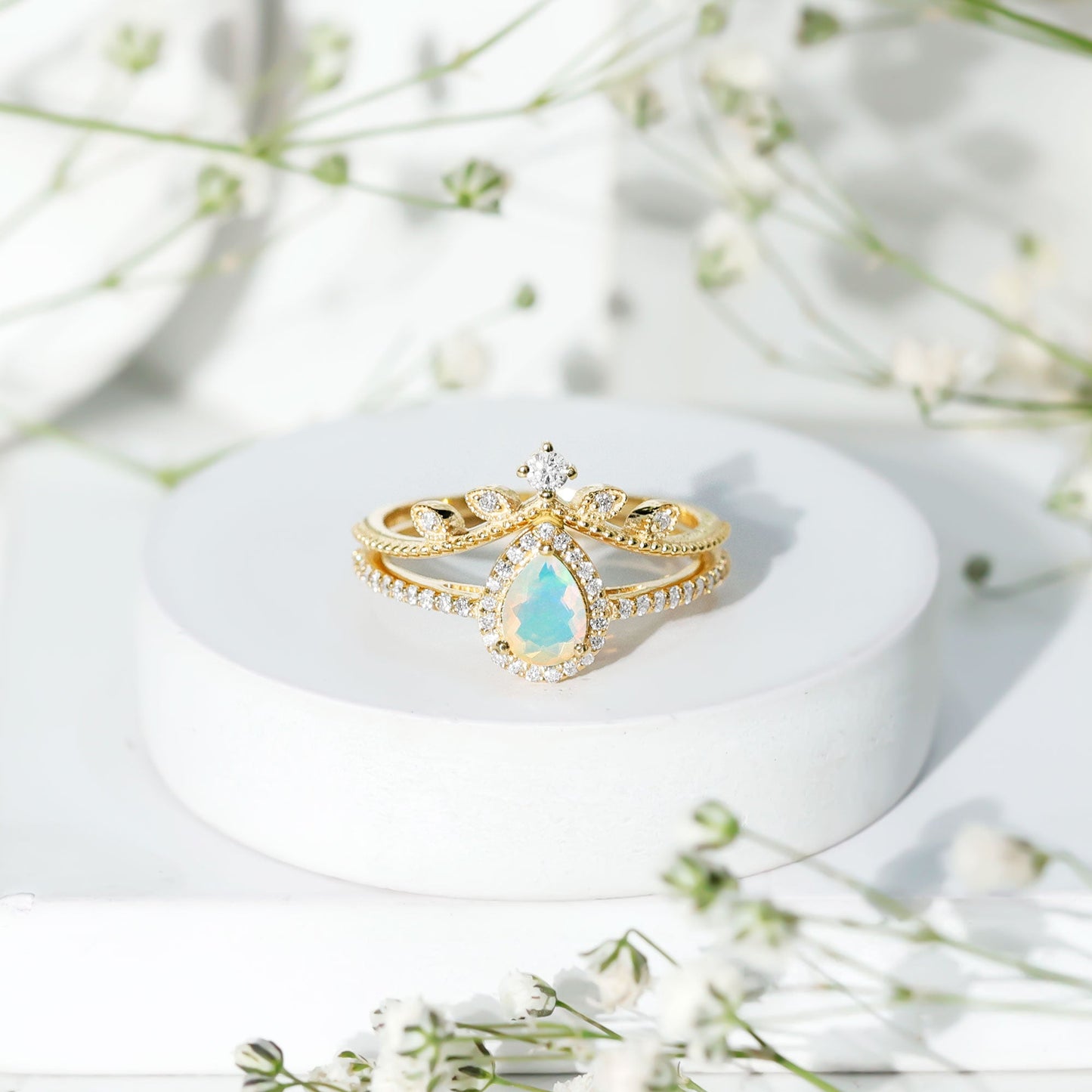 Vintage Inspired Ethiopian Opal Diamond Designer Bridal Ring Set