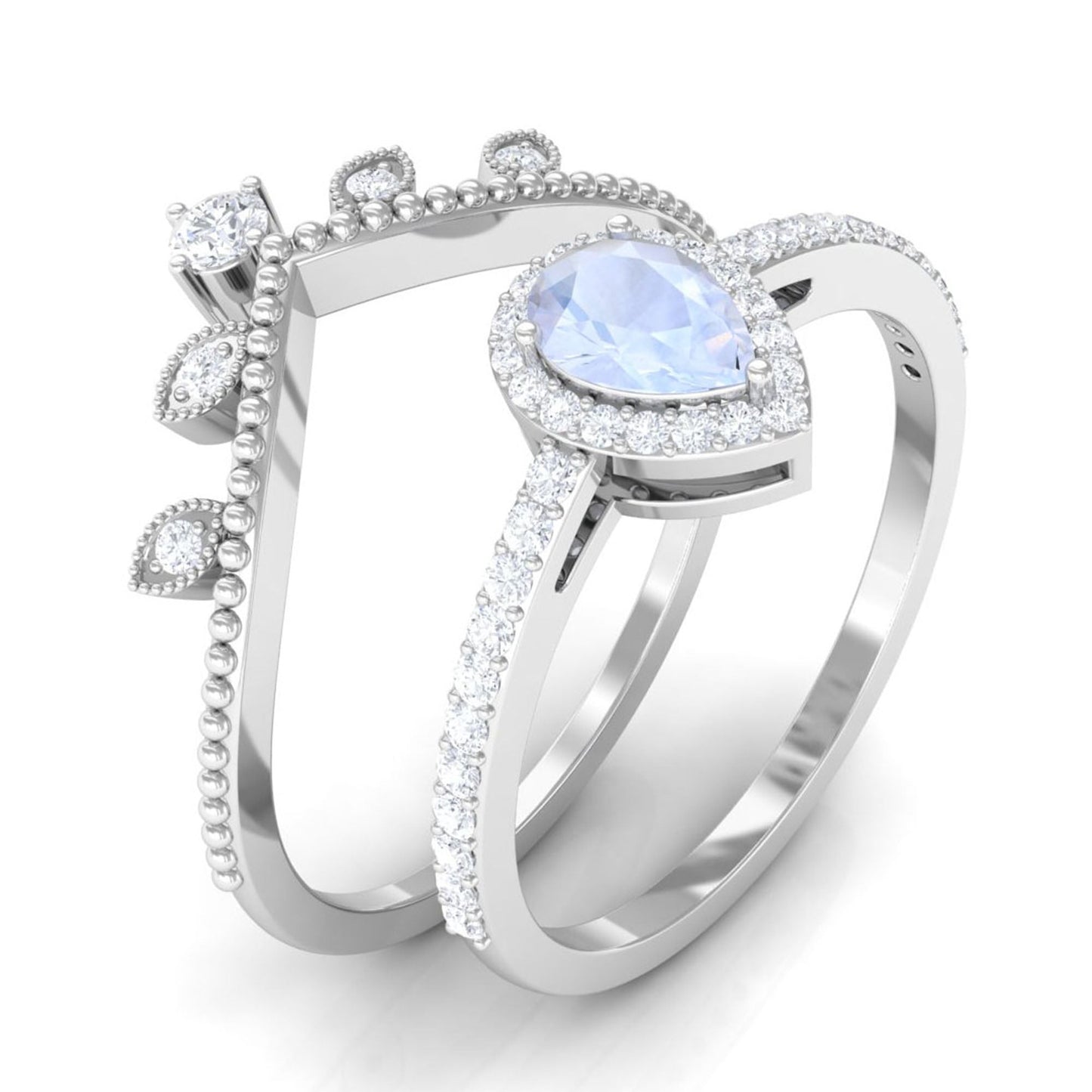 0.8 Carat Vintage Inspired Moonstone Teardrop Wedding Ring Set with Diamond
